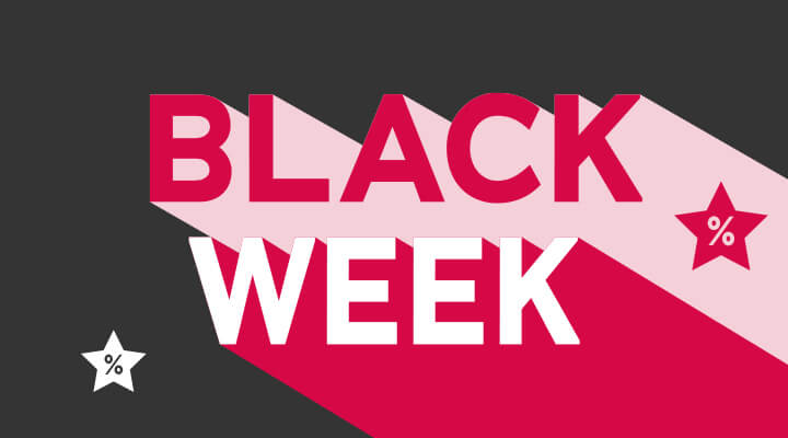 Grafik med stor tekst "BLACK WEEK" i rød og hvid på mørk baggrund med stjerner og procenttegn – symbol for rabatkampagner.
