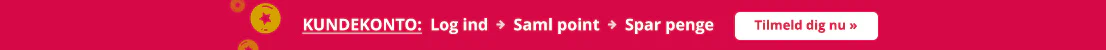 Rødt banner med gule bonusmønter og teksten: KUNDEKONTO: Log ind → Saml point → Spar penge. CTA: Tilmeld dig nu ».
