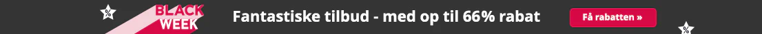 Banner med teksten "BLACK WEEK", stjerner med procenttegn og teksten "Fantastiske tilbud - op til 66% rabat" på mørk baggrund.