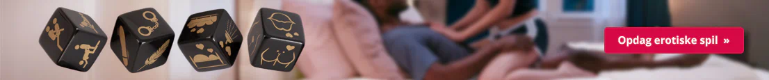 Erotiske terningespil med symboler, sløret par i baggrunden, knap „Opdag erotiske spil“.