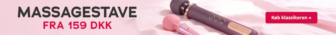 To massagestave i pink og sort ligger på lyserødt sengetøj. Tekst: »MASSAGESTAVE fra 159 DKK«, rød knap: »Køber klassikeren«.