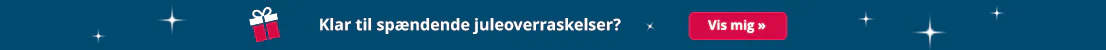 Reklamebanneret har en baggrund i farven petrol. Med store bogstaver står der med hvid skrift »Klar til spændende juleoverraskelser?« og derudover en opfordring til at klikke med teksten »Vis mig «. Ved siden af er der afbildet en gave i farverne hvid og rød.