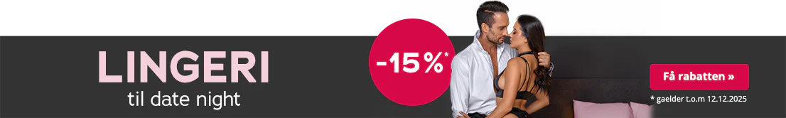 Par i stilfuldt undertøj, mand i hvid skjorte, kvinde i sort lingeri; tekst: ”Lingeri til Date Night”, lyserød -15 %-knap, gyldig til 12.12.2025.