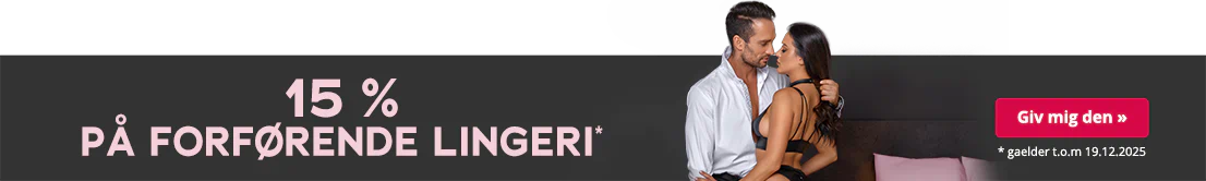 Par i stilfuldt undertøj, mand i hvid skjorte, kvinde i sort lingeri; tekst: ”15 % på forførende lingeri”, gyldig til 19.12.2025.