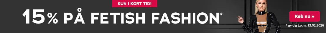 Reklamebanner med kvinde i sort latexkjole med gennemsigtige indlæg, tekst »15 % på fetish fashion«, bemærkning »Kun i kort tid«, gælder t.o.m. 13.02.2026.
