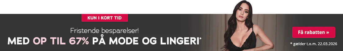 Reklamebanner med teksten: “Kun i en begrænset periode – op til 67% rabat på mode og lingeri, gyldig indtil 22.03.2026”, ved siden af en kvinde i sort blondelingeri.