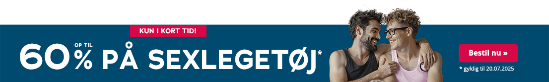Reklamen har en petrolfarvet baggrund. Der står med store bogstaver "Op til 60% på sexlegetøj!". Derunder står med små bogstaver "gyldig til 20.07.2025". Øverst er der en rød knap med hvid skrift "Kun i kort tid". I højre side er der to mænd, der holder hinanden i armene og ser på hinanden. Den ene mand har en lyserød top på, og den anden mand har en sort top på og holder en sort penisring i hånden.