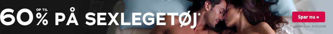 Nøgent par på seng, reklametekst "Op til 60% på sexlegetøj, gælder t.o.m. 21.12.2025" i forgrunden.