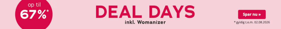 Reklamemateriale med lyserrødt baggrund. "Deal Days" står der med store røde bogstaver, og "inkl. Womanizer" står der med mindre bogstaver nedenunder. Derudover er der en rødt, rund blikfang med ordene "op til 67%". Nederst står der: "*gyldig indtil 02.08.2026".
