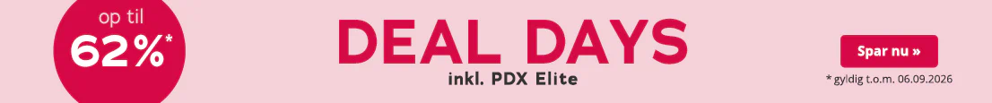 Reklamemateriale med lyserrødt baggrund. "Deal Days" står der med store røde bogstaver, og "inkl. PDX Elite" står der med mindre bogstaver nedenunder. Derudover er der en rødt, rund blikfang med ordene "op til 62%". Nederst står der: "*gyldig indtil 06.09.2026".