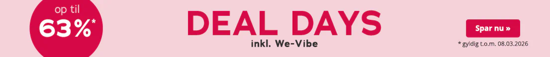 Reklamemateriale med lyserrødt baggrund. "Deal Days" står der med store røde bogstaver, og "We-Vibe" står der med mindre hvide bogstaver nedenunder. Derudover er der en rødt, rund blikfang med ordene "op til 63%". Nederst står der: "*gyldig indtil 08.03.2026".