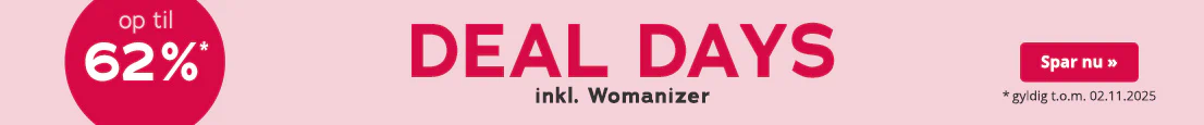 Reklamemateriale med lyserrødt baggrund. "Deal Days" står der med store røde bogstaver, og "inkl. Womanizer" står der med mindre hvide bogstaver nedenunder. Derudover er der en rødt, rund blikfang med ordene "op til 62%". Nederst står der: "*kun online, gyldig indtil 02.11.2025".