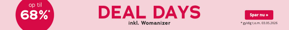 Reklamemateriale med lyserrødt baggrund. "Deal Days" står der med store røde bogstaver, og "Womanizer" står der med mindre hvide bogstaver nedenunder. Derudover er der en rødt, rund blikfang med ordene "op til 68%". Nederst står der: "*gyldig indtil 03.05.2026".