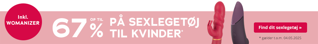 Billedet viser en reklame for legetøj til kvinder. På en pink baggrund står der med hvide bogstaver »Op til 67% rabat på Sexlegetøj til kvinder*«. Med små bogstaver nedenunder står der »*gyldig indtil 04.05.2025«. Der står også »inkl. WOMANIZER« på et rødt område. I baggrunden ses en lilla Womanizer.