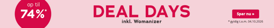 Reklamemateriale med lyserrødt baggrund. "Deal Days" står der med store røde bogstaver, og "inkl. Womanizer" står der med mindre bogstaver nedenunder. Derudover er der en rødt, rund blikfang med ordene "op til 74%". Nederst står der: "*gyldig indtil 04.10.2026".