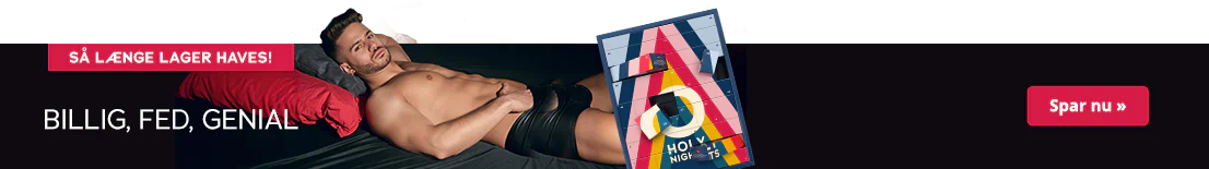 Billedet viser en reklame, hvor en mand ligger med ryggen på sengen og har hånden i sine sorte underbukser. Til venstre i billedet ses en julekalender med farverigt design og påskriften "HOLY NIGHTS". Ved siden af står der med hvid skrift: "Billig, fed, genial." Øverst er der en rød knap med teksten "Så længe lager haves!"