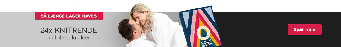 Billedet viser en reklame, hvor en mand i hvid T-shirt ligger på ryggen på en seng, og en kvinde i hvid bluse er bøjet over ham. Begge smiler til hinanden. Julekalenderen med det farverige design og påskriften "HOLY NIGHTS" er afbildet på en iøjnefaldende måde. Ved siden af står der med sort skrift: "24x knitren, indtil det knalder!". Øverst er der en rød knap med teksten "Så længe lager haves".