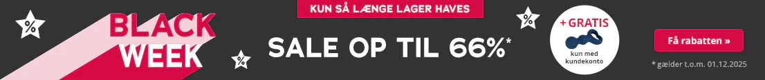 Et banner med mørk baggrund, hvor der med store hvide bogstaver står "Black Week – op til 66%". I en hvid boks er der afbildet en blå vare med teksten "Gratis kun med kundekonto". Over annoncen står der på en rød knap "Kun så længe lager haves", og under annoncen står der "*gyldigt indtil 01.12.2025".