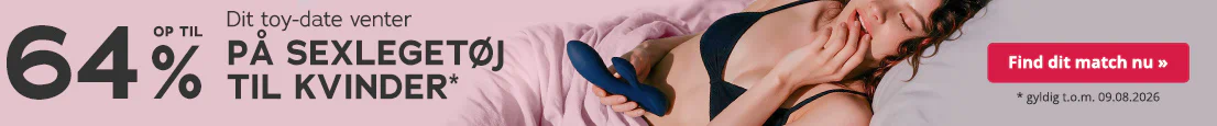 En kvinde i sort undertøj ligger på lyserøde lagener og holder et blåt sexlegetøj i hånden. Tekst: »Dit legetøjsdate venter – OP TIL 64 % RABAT PÅ FRAUENTOYS*«. En rød knap: »Find dit match nu »«, gyldig indtil 09.08.2026.