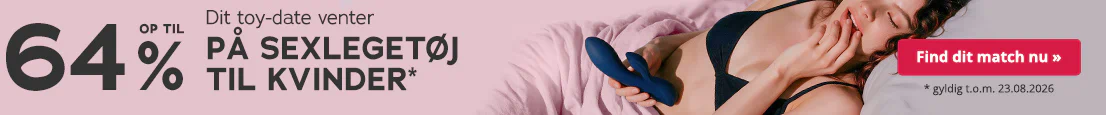 En kvinde i sort undertøj ligger på lyserøde lagener og holder et blåt sexlegetøj i hånden. Tekst: »Dit legetøjsdate venter – OP TIL 64 % RABAT PÅ FRAUENTOYS*«. En rød knap: »Find dit match nu »«, gyldig indtil 23.08.2026.