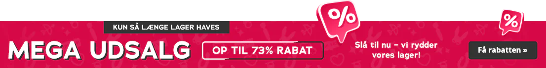 Rødt reklamebanner med procenttegn, teksten »Så længe lager haves«, »Mega Udsalg« og »Op til 73 % rabat«.