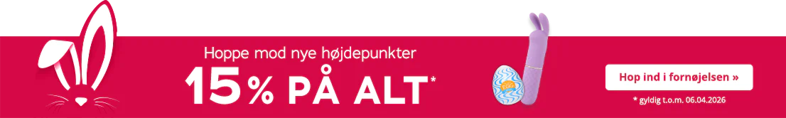 Et rødt reklamebanner med hvide påskehareører. Til højre ses en lilla vibrator med hareører ved siden af et blåt masturbatoræg med påskriften "EGG“. Teksten lyder: „Hoppe mod nye højdepunkter – 15 % PÅ ALT*“. På en hvid knap står der „Hop ind i fornøjelsen »“. Nederst til højre: „* gyldig t.o.m. 06.04.2026“.