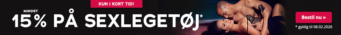 Billedet viser en reklame med et par, der omfavner hinanden. Manden er bar overkrop, og kvinden bærer en blondebody. Kvinden holder en vibrator i hånden, og begge smiler. Der står med store bogstaver: »Mindst 15 % på sexlegetøj, gælder t.o.m. 08.02.2026.«