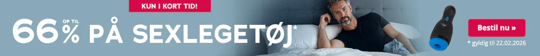 Banner med mand på seng og teksten »Kun i kort tid! Op til 66 % på sexlegetøj, gælder t.o.m. 22.02.2026«.