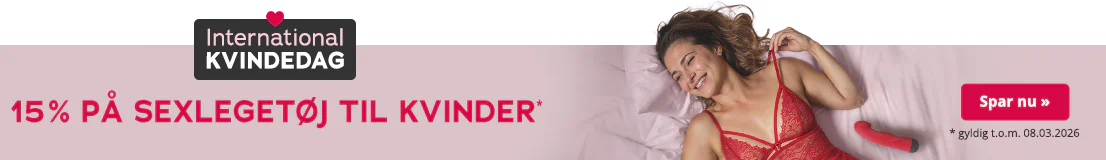 Reklamebanner til den internationale kvindedag med hjerteikon, teksten »15% på sexlegetøj til kvinder, gælder t.o.m. 08.03.2026« og kvinde i rødt blondeundertøj.