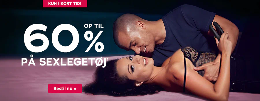 Billedet viser en reklame med et par. Manden har en mørkeblå T-shirt på og ligger oven på kvinden, der har sort blonderundertøj på. Kvinden holder et sort sexlegetøj i hånden. Øverst er der en rød knap med hvid skrift, hvor der står "KUN I KORT TID!". Derunder står der med store hvide bogstaver: "Op til 60% på sexlegetøj". Nederst på billedet er der også en rød knap med hvid skrift: "Bestil nu »". Baggrunden er holdt i mørke farver.