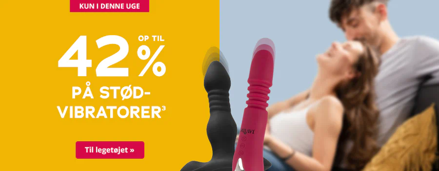 Billedet viser en reklame med en gul baggrund. Der står med hvid skrift: "Kun denne uge – op til 42% på stødvibratorer". Derunder er der en rød knap med teksten "Til legetøjet". I midten af billedet er der tre vibratorer, to sorte og en rød. Alle tre viser grafisk antydede op- og nedadgående bevægelser.
