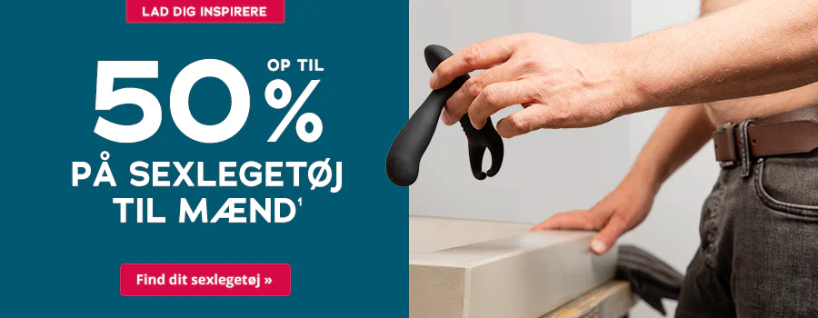 Et billede med blå baggrund. Med store hvide bogstaver står der "Mindst 50% på de legetøj til mænd". Øverst står der "Kun så længe lager haves". En mand i bar overkrop holder en vibrator i hånden. Nederst er der en rød knap med "Find dit sexlegetøj »".