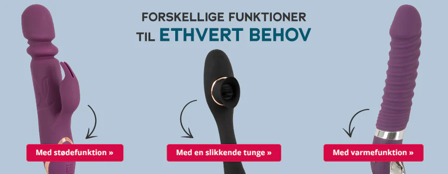 Reklamemateriale for vibratorer med en almindelig blå baggrund. Øverst står der »Forskellige funktioner til ethvert behov«. Tre forskellige vibratorer er vist i lilla og sort. Under kaninvibratoren til venstre er der en call-to-action-knap med rød baggrund og ordene »Med stødefunktion »«. Vibratoren i midten er sort. Pilen peger på en rød call-to-action-knap med teksten »Med en slikkende tunge »«. Yderst til højre er der en anden lilla vibrator med en rød call-to-action-knap med teksten »Med varmefunktion »«.