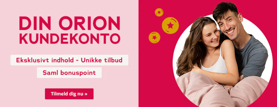 Grafik med lyserød og rød baggrund, gule bonusmønter og et smilende par i sengen. Tekst: DIN ORION KUNDEKONTO, Eksklusivt indhold - Unikke tilbud, Saml bonuspoint. CTA: Tilmeld dig nu ».