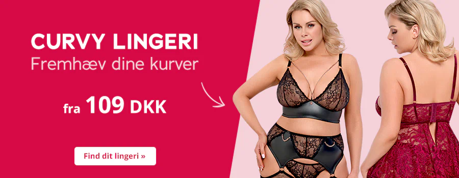 Reklamemateriale med rød og pink baggrund og hvid skrift: "CURVY DESSOUS – Fremhæv dine kurver". Under dette står prisen "fra 109 DKK". To plus size-modeller i lingeri er også afbilledet. Den første bærer sorte blonder kombineret med et læderlook, den anden en bordeauxfarvet blondenegligé. Nederst er der en farvet call-to-action-knap med påskriften "Find dit lingeri".
