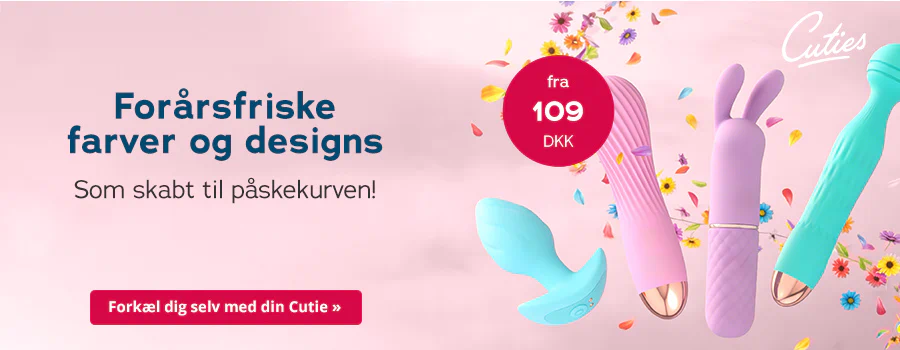 Billedet viser en reklame med lyserød baggrund. Øverst står teksten »Friske forårsfarver og designs« og ved siden af logoet »Cuties«. I midten ses fire forskelligt formede produkter i pastelfarver, og ved siden af er der en rød cirkel med teksten »fra 109 DKK«. Omkring produkterne er der spredt farverige kronblade og små blomster. Nederst står der på en rød knap »Giv dig selv en Cutie nu.