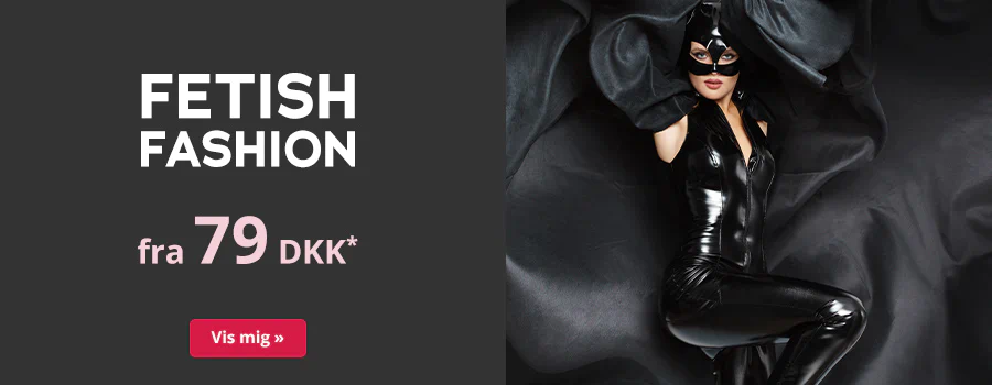 Reklamebanner med kvinde i sort lak-jumpsuit, tekst »Fetish fashion fra 79 DKK« og rød knap »Vis mig«.