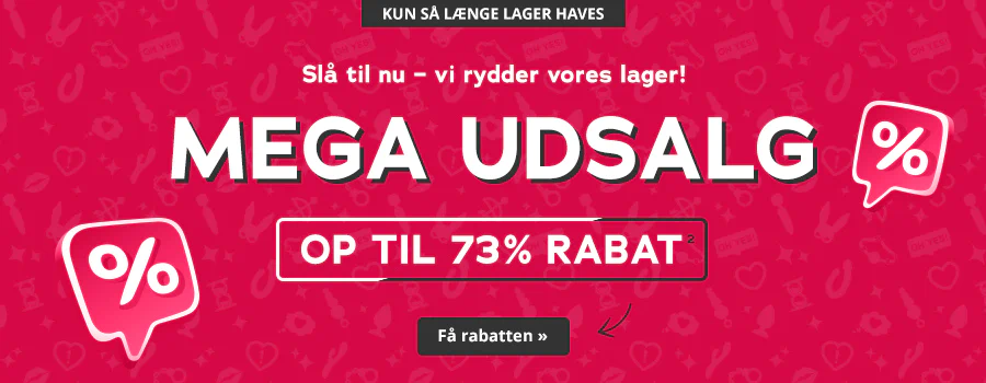 Reklamebanner med rød baggrund, øverst står der i en knap »Så længe lager haves«, nedenunder står der »Slå til nu – vi rydder vores lager! Mega udsalg op til 73 %«, nedenunder står der i en knap »Få rabatten«. Der er rabatmærker på reklamematerialet.