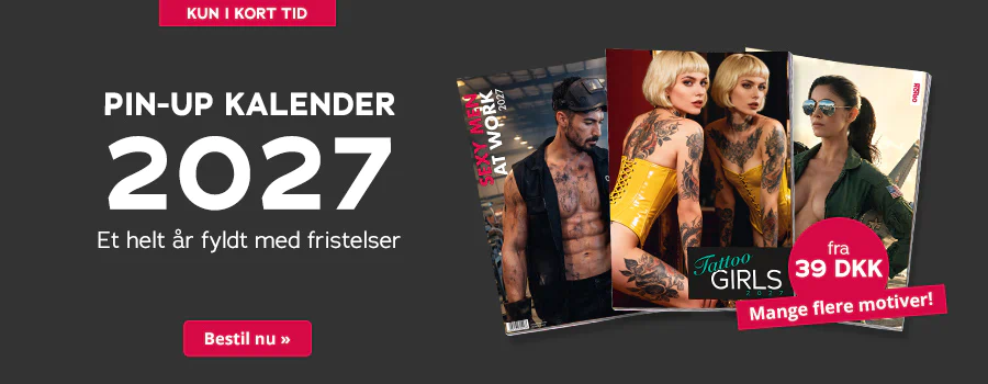 Mørkegrå reklame for PIN-UP-KALENDEREN 2027 med tre forskellige motiver. Øverst står der »Et helt år fyldt med fristelser!«. Nederst ses en rød cirkel med »39 DKK« og en rød knap med teksten »Flere motiver her »«.