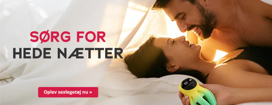 Reklamebanner med et smilende par i sengen og et grøn/gult sexlegetøj i hånden. Manden er bar overkrop, og kvinden har en sort top på. Teksten »Sørg for hede nætter« samt knappen »Opdag sexlegetøj nu«