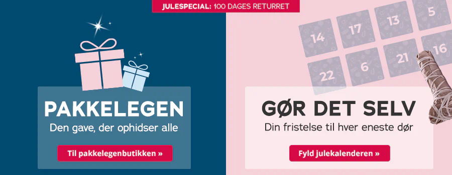 Billedet viser en todelt reklameannonce. Øverst står der på blå baggrund »Julespecial: 100 dages returret«. Derunder er der to gavesymboler og teksten »Pakkelegen – den gave, der gør alle hot« med en rød knap »Til pakkelegenbutikken«. I den anden del står der på en lyserød baggrund »Gør det selv – din fristelse til hver eneste dør«. Til højre for det ligger et indpakket sexlegetøj. Nederst er der en rød knap med teksten »Fyld julekalenderen«. I baggrunden ses en julekalender med tal.