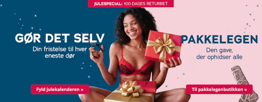 Billedet viser en todelt reklameannonce. Øverst står der på blå baggrund »Julespecial: 100 dages returret«. Derunder står der på blå baggrund »Gør det selv – din fristelse for hver eneste dør«. Derunder er der en rød knap med påskriften »Fyld julekalenderen«. Den anden del har en lyserød baggrund, hvor der med blå skrift står »Pakkelegen – den gave, der gør alle hot«. Under den er der en rød knap med teksten »Find din gave«. Over begge farvede felter er der et billede af en kvinde i rødt lingeri, der holder en saks i hånden og har en indpakket gave liggende foran sig.