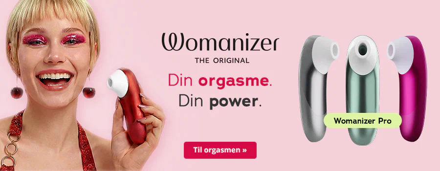 Reklamebanner for Womanizer med sloganen "Din Orgasme. Din Power." og rød knap "Til Orgasme", person holder et Womanizer-produkt.