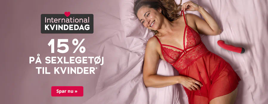 Reklamebanner til den internationale kvindedag med hjerteikon, teksten »15% på sexlegetøj til kvinder«, kvinde i rødt blondeundertøj og rødt sexlegetøj, knap »Spar nu«.