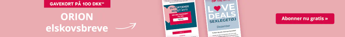 Pink advertisement with the text ‘€10 welcome bonus*’ on a red background at the top. Below this, ‘ORION love letters’ in white lettering and ‘Our 3 newsletters’ in red lettering, accompanied by a red arrow pointing to three newsletter designs shown. The designs contain slogans such as ‘Treat yourself!’, ‘Toys Love Deals’ and ‘Do it yourself’. On the right is a red call-to-action button with the text ‘Subscribe now for free >>’.