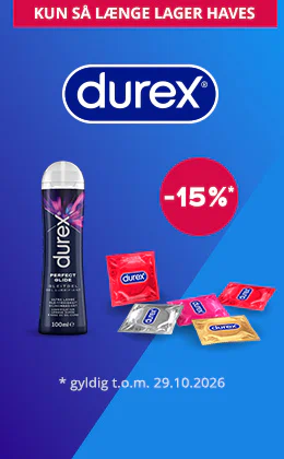 Reklamebanner for Durex med blå baggrund, Durex-logo, et produkt i sort emballage og flere farverige kondompakker. Røde knapper viser "KUN SÅ LÆNGE LAGER HAVES", "-15%" og "gælder t.o.m. 29.10.2026". Rød knap med "Se tilbuddet »".