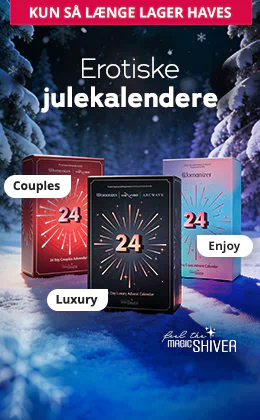 Tre julekalendere i forskellige farver står foran et snedækket vinterlandskab. Øverst står der »KUN SÅ LÆNGE LAGER HAVES«, nederst »Bestil nu »«. Midt på billedet står der med store bogstaver »Erotiske julekalendere«.