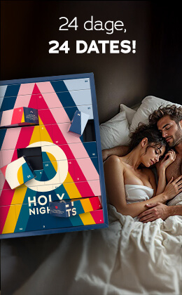 Billedet viser en reklame. En mand og en kvinde ligger arm i arm med lukkede øjne og uden tøj på overkroppen i sengen. Julekalenderen med et farverigt design og påskriften "HOLY NIGHTS" er afbildet. Med hvid skrift står der "24x dage, 24x dates!".
