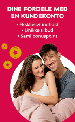 Rød grafik med gule bonusmønter og et smilende par i sengen. Tekst: DINE FORDELE MED EN KUNDEKONTO, Eksklusivt indhold, Unikke tilbud, Saml bonuspoint.