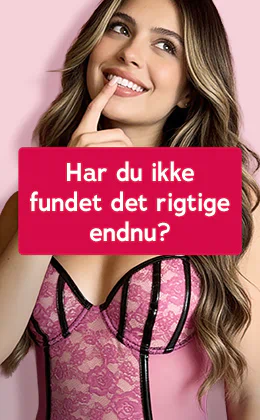 En kvinde i elegant, lyserødt blonderundertøj foran en lyserød baggrund; en iøjnefaldende, følelsesladet tekst med ordene „Har du ikke fundet det rigtige endnu?“ på en lyserød baggrund opfordrer til at søge videre; nedenunder er der en knap med teksten „Gennemse SALE nu“ med inspirerende tilbud.